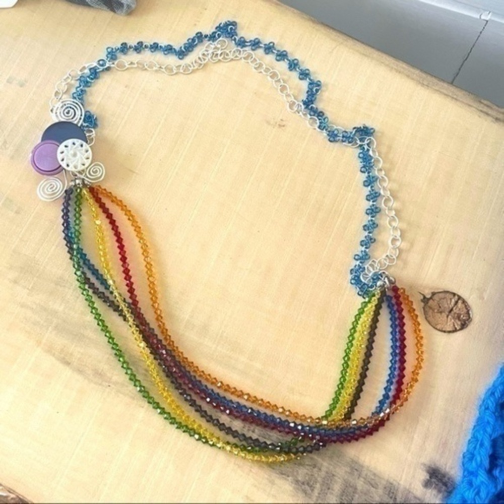$99 SALE Layered Crystal & Button Statement Necklace Long Handturned Links